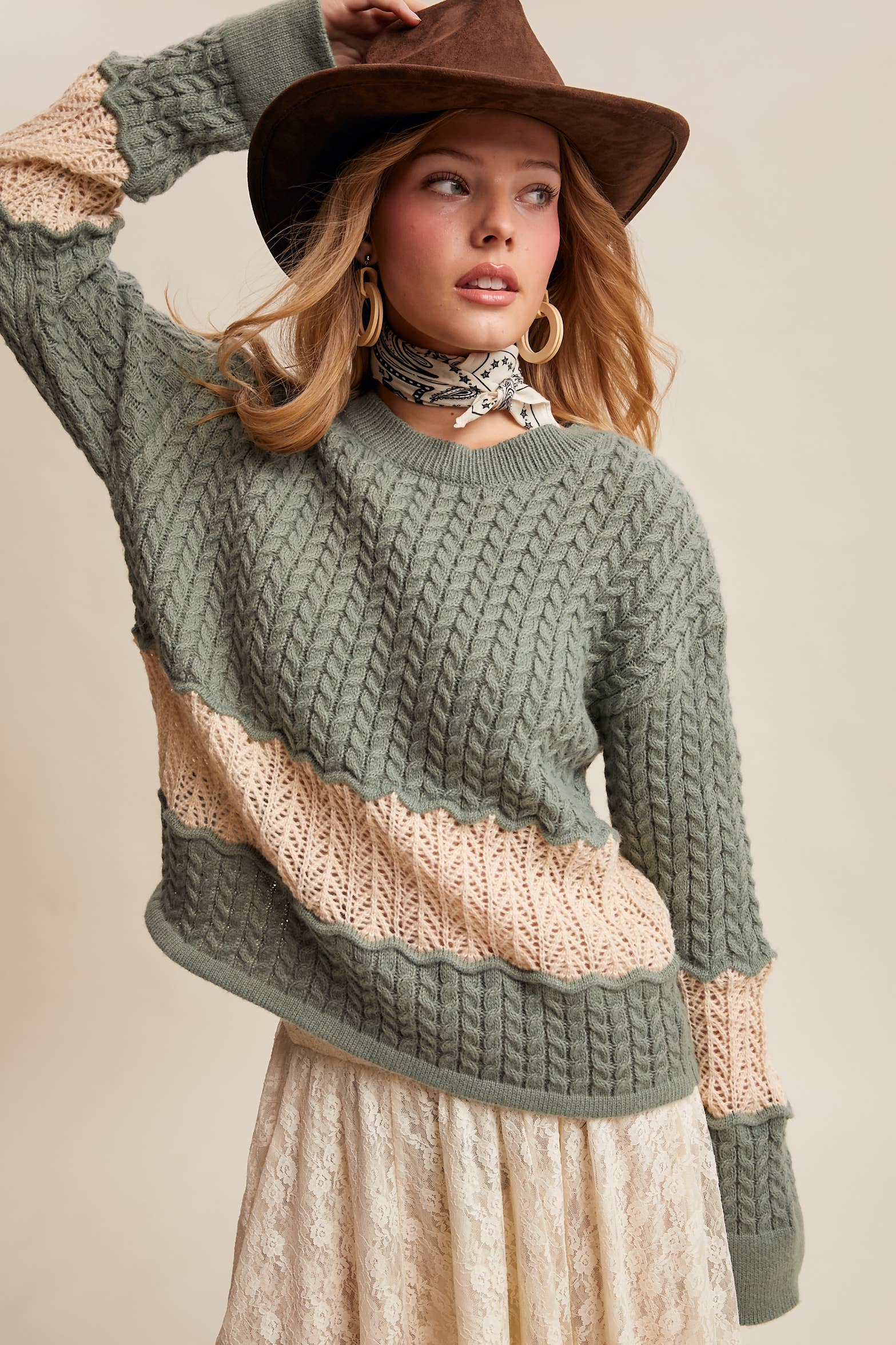 Colorblock Zig Cable Knit Sweater