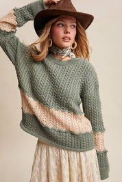 Colorblock Zig Cable Knit Sweater