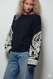 Embroidered Sleeve Ivory Knit Sweater