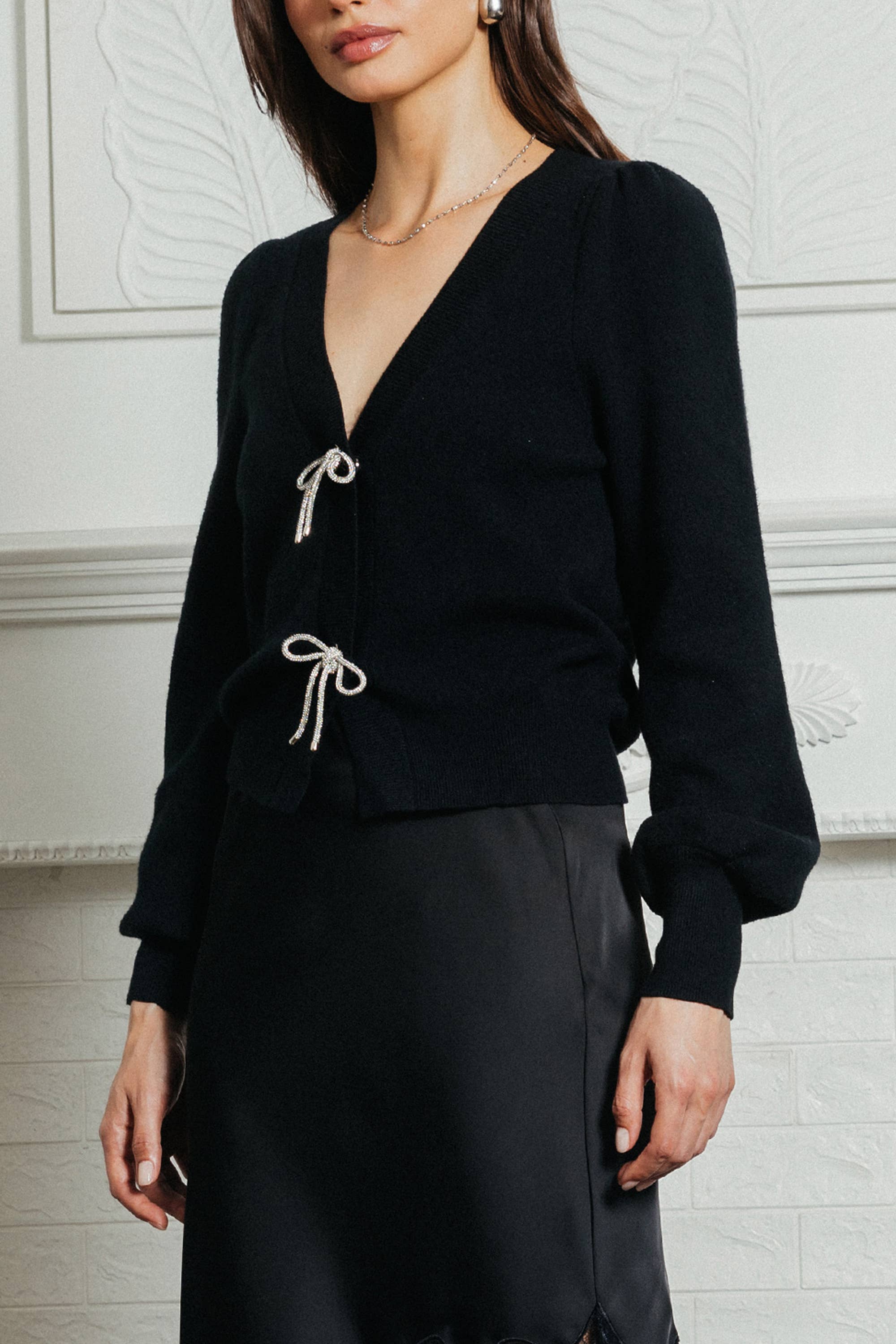 Bow Detail Puff Sleeve Cardigan