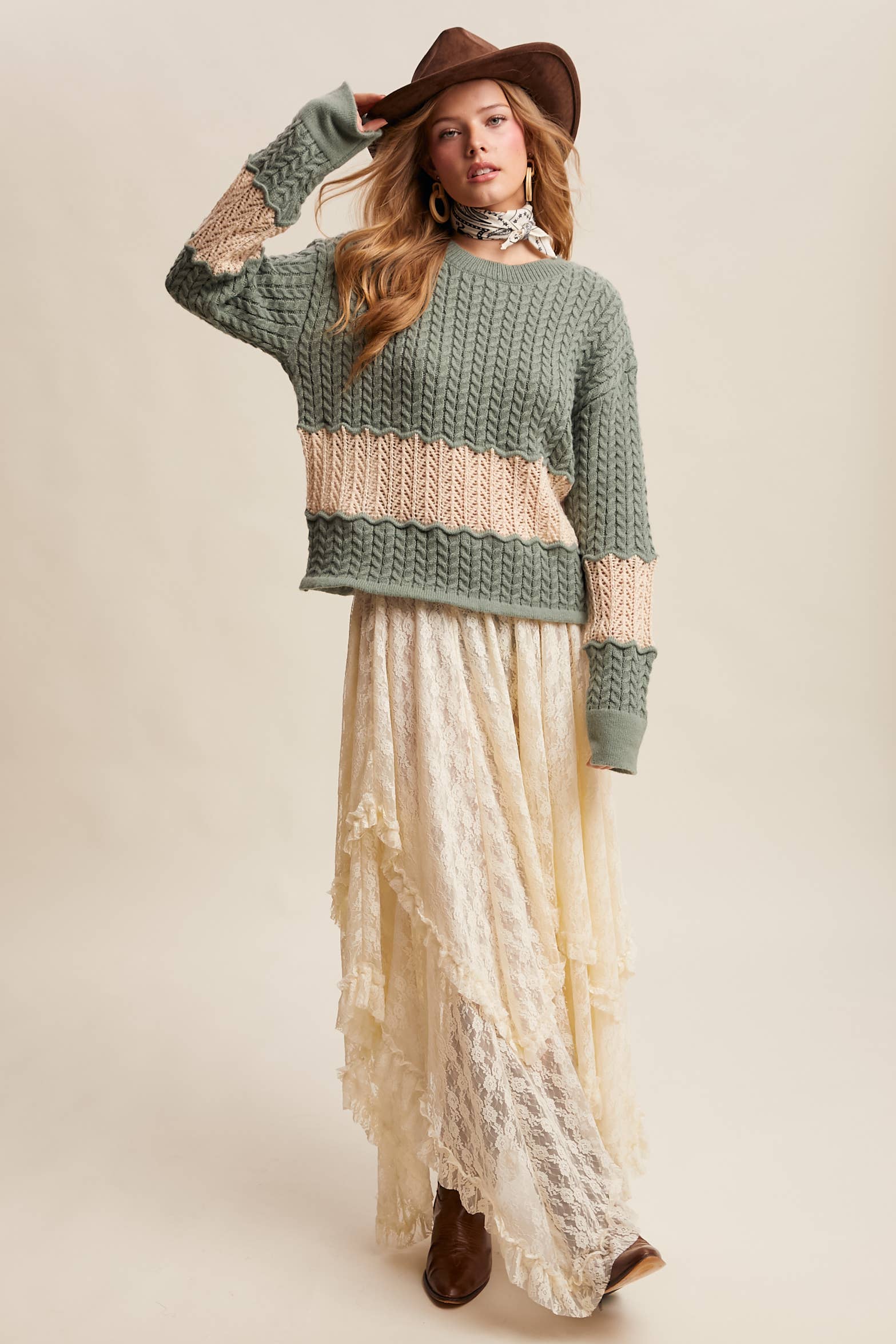 Colorblock Zig Cable Knit Sweater