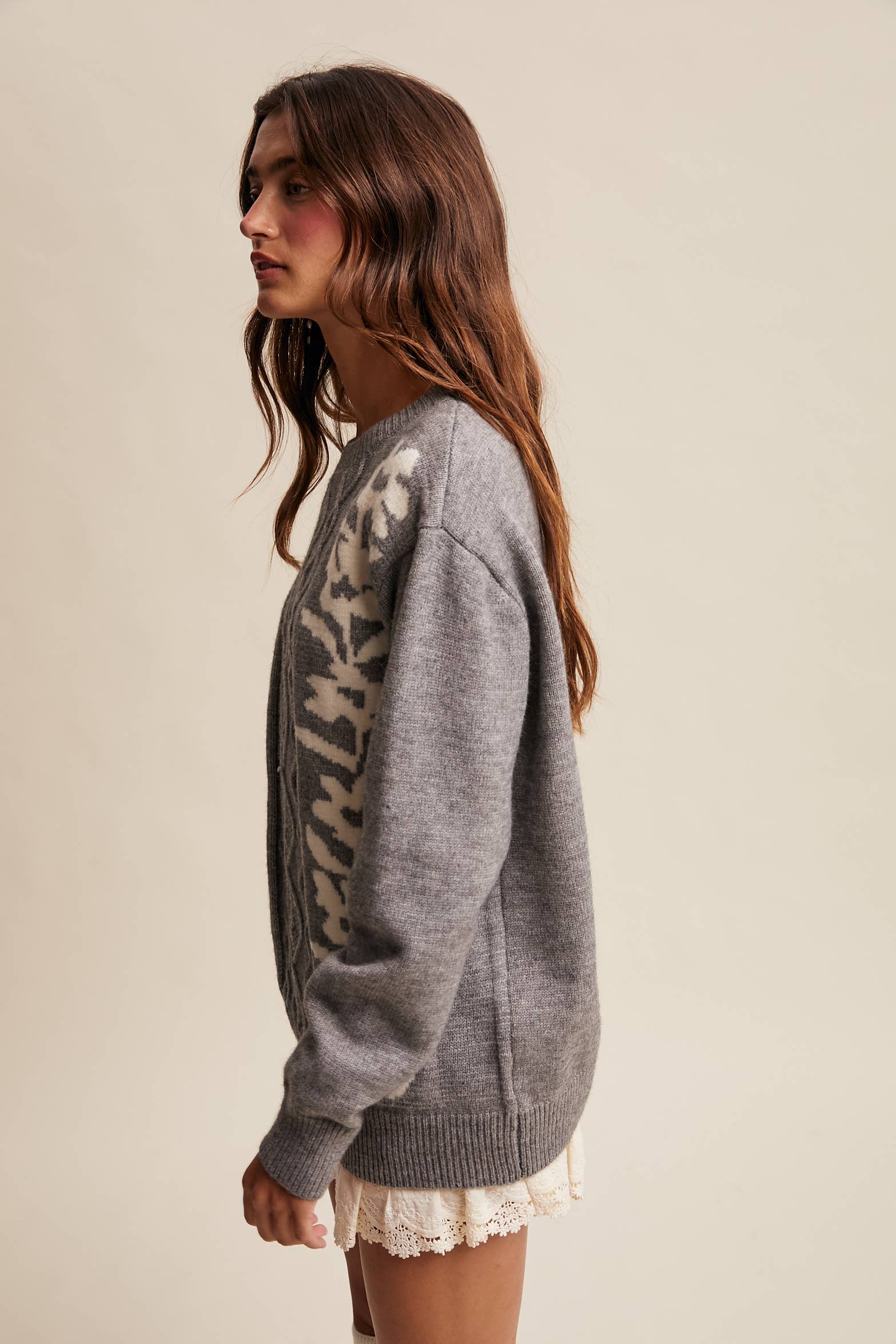 Floral Panel Cable Knit Sweater