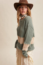 Colorblock Zig Cable Knit Sweater