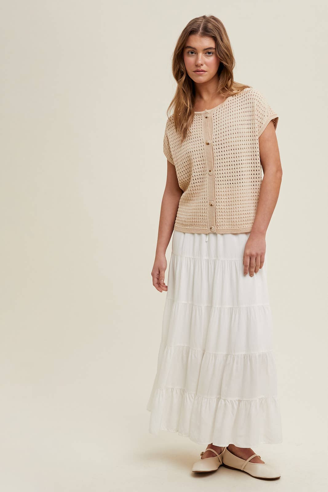 Open-Knit Button Up Short Sleeve Sweater