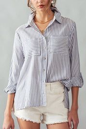 Relaxed Fit Vertical Striped Rayon Button Down Shirt