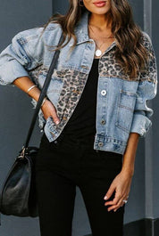 Leopard-Print Paneled Ripped Denim Jacket