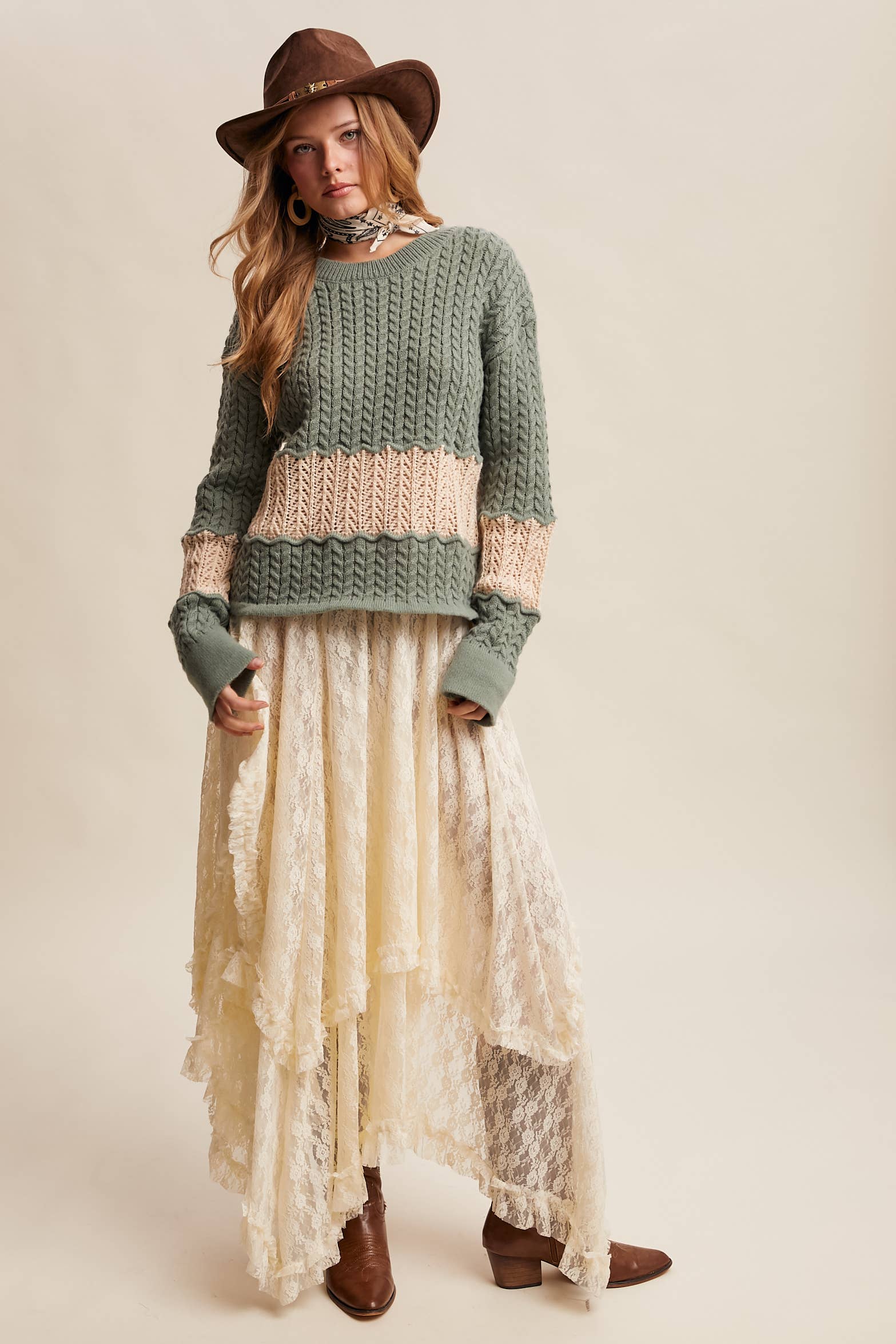 Colorblock Zig Cable Knit Sweater