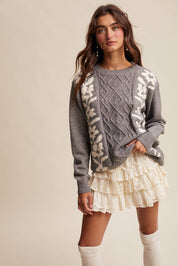 Floral Panel Cable Knit Sweater