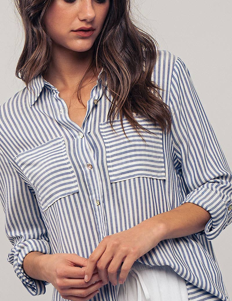 Relaxed Fit Vertical Striped Rayon Button Down Shirt