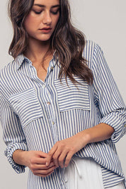 Relaxed Fit Vertical Striped Rayon Button Down Shirt