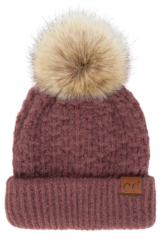 C.C Stitch Cuff Beanie with Pom Hat