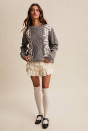 Floral Panel Cable Knit Sweater