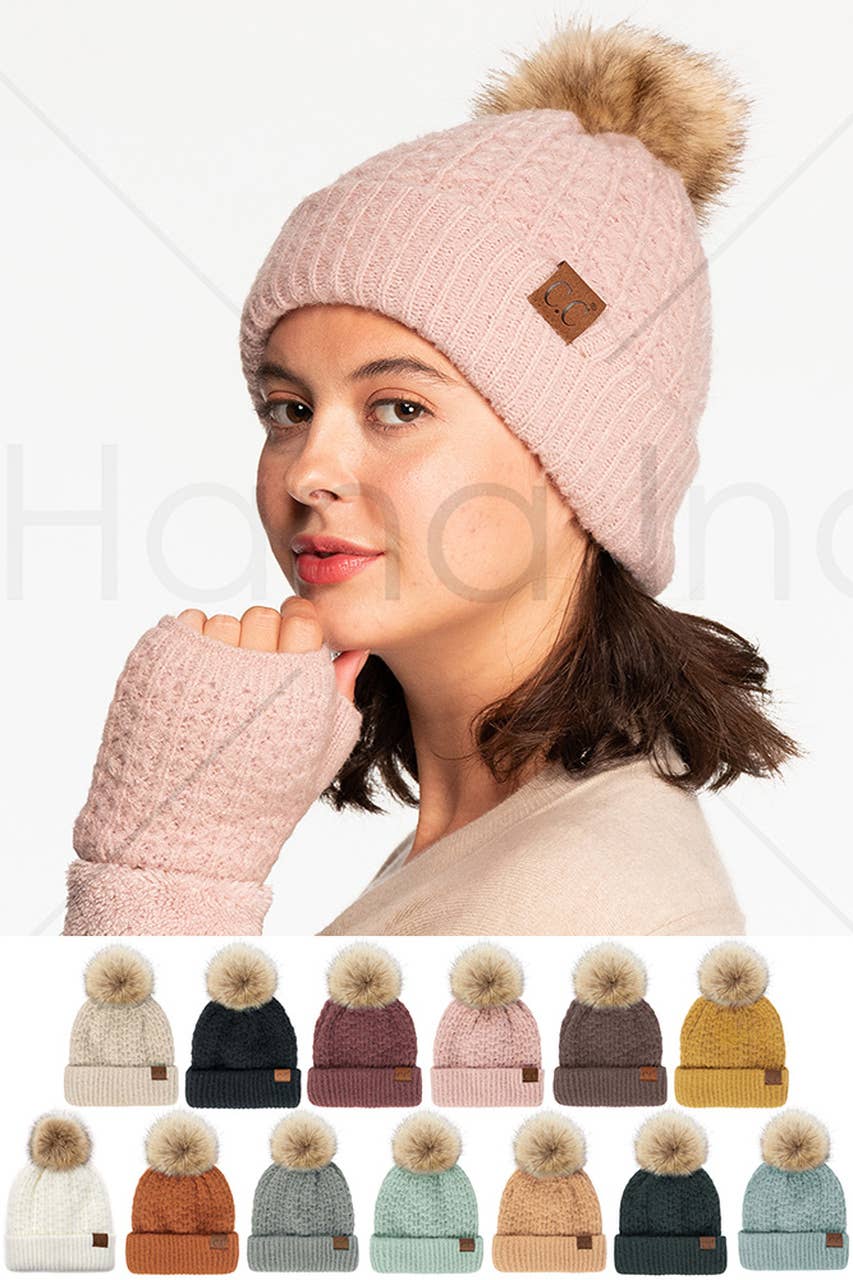 C.C Stitch Cuff Beanie with Pom Hat