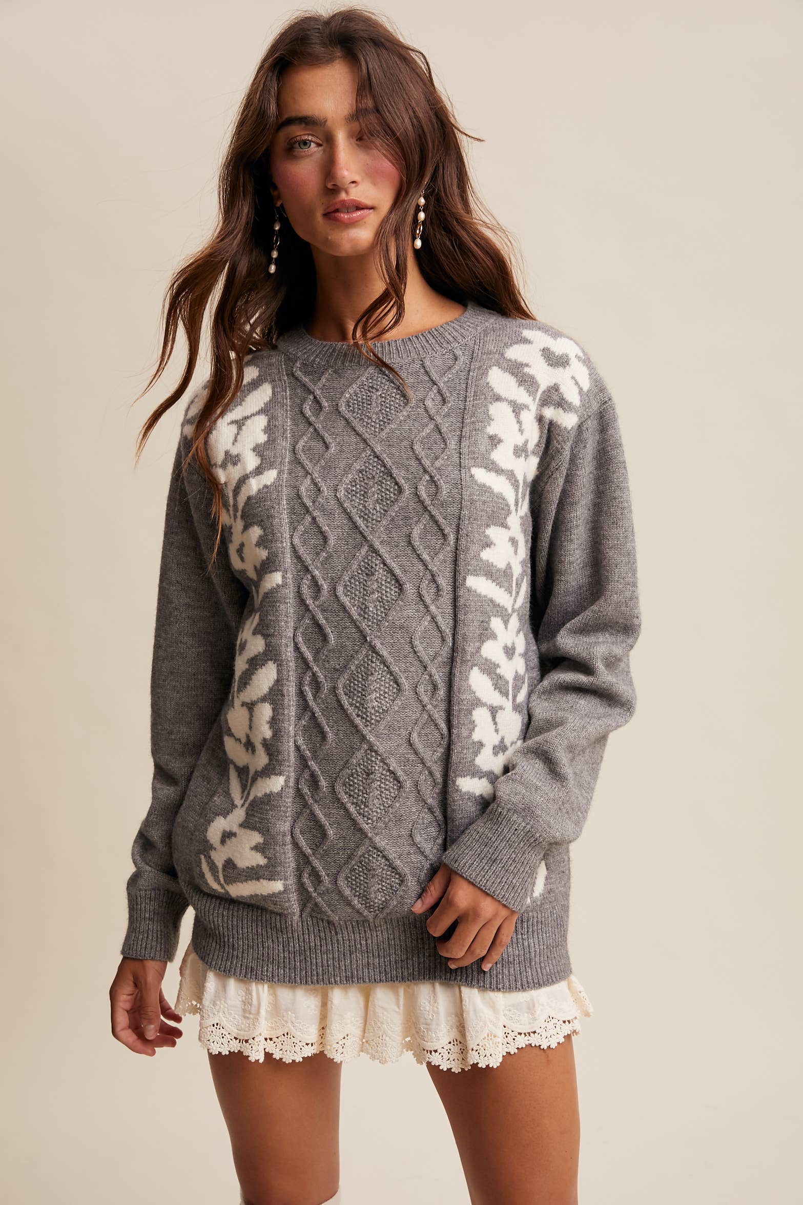 Floral Panel Cable Knit Sweater