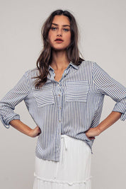 Relaxed Fit Vertical Striped Rayon Button Down Shirt