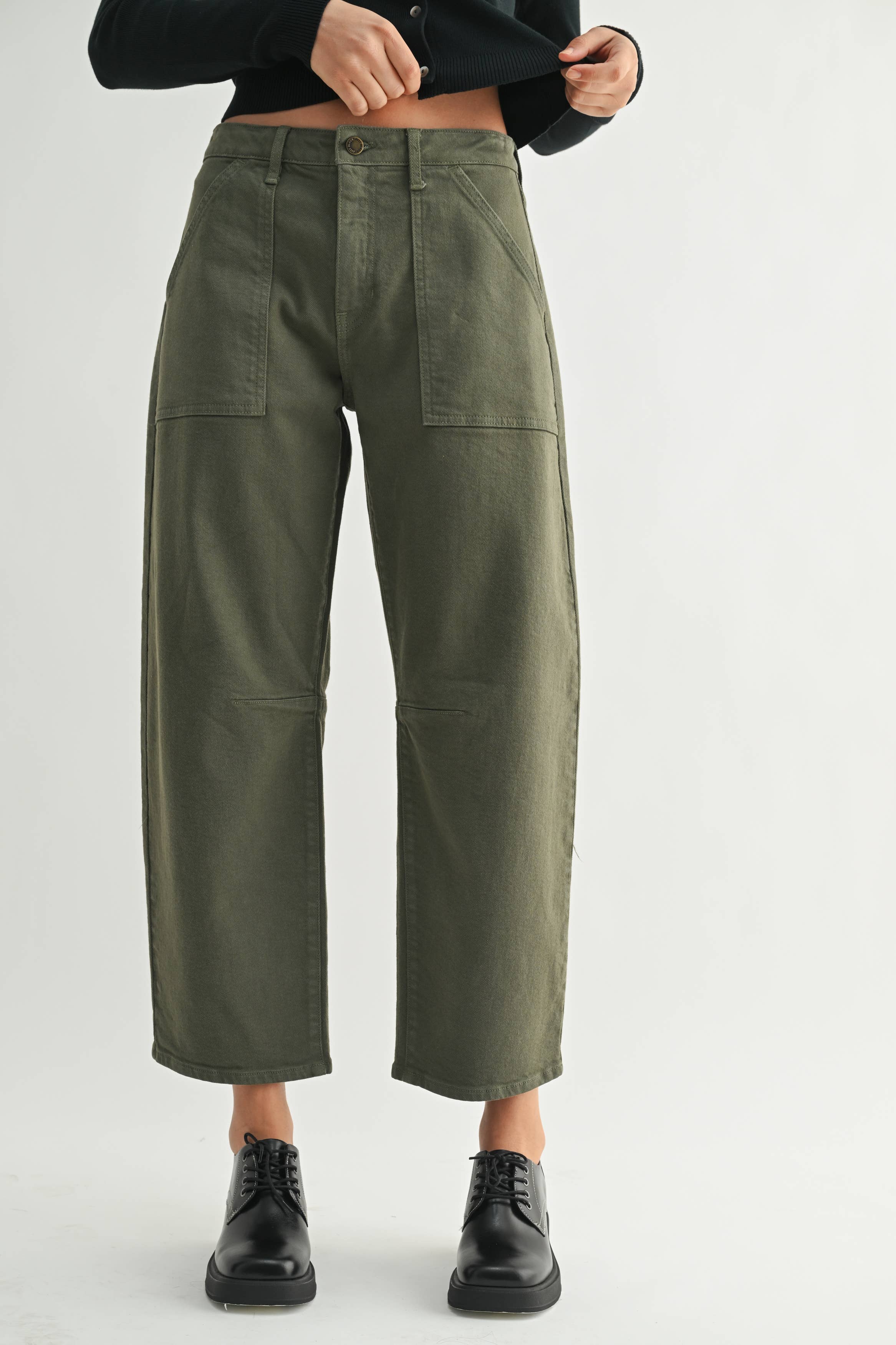 Just Black Denim Olive Utility Seamed Barrel Jean