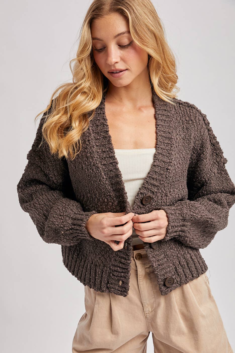 Cropped Popcorn Knit Sweater Cardigan