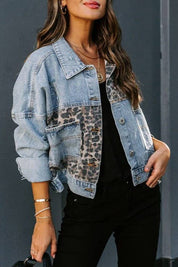 Leopard-Print Paneled Ripped Denim Jacket
