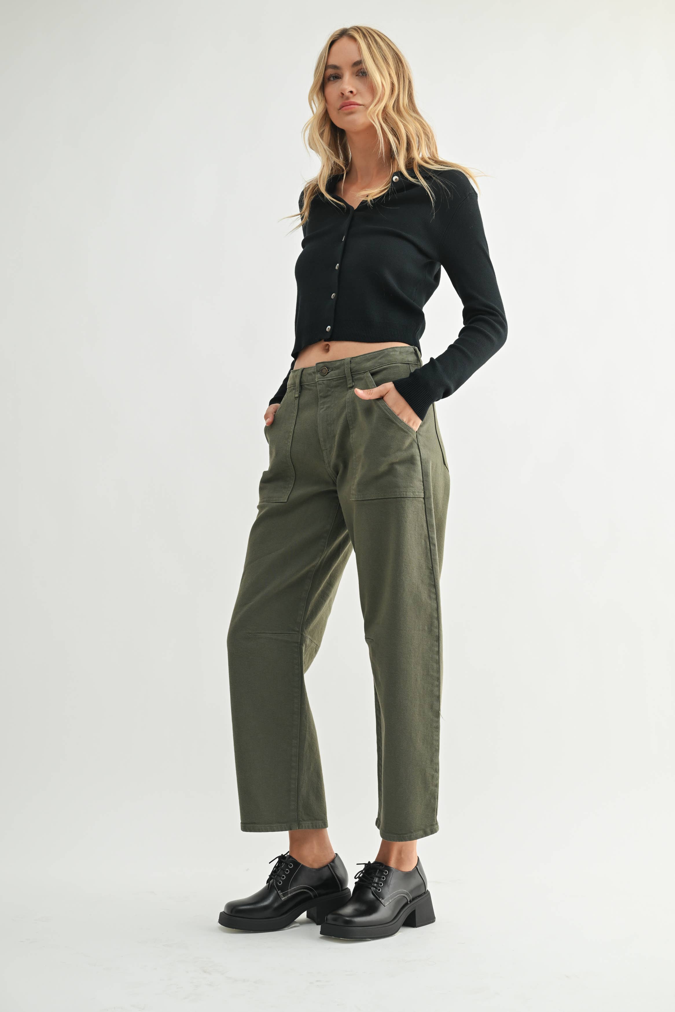 Just Black Denim Olive Utility Seamed Barrel Jean