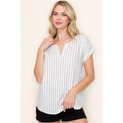 Split Neck Stripe Short Sleeve Top