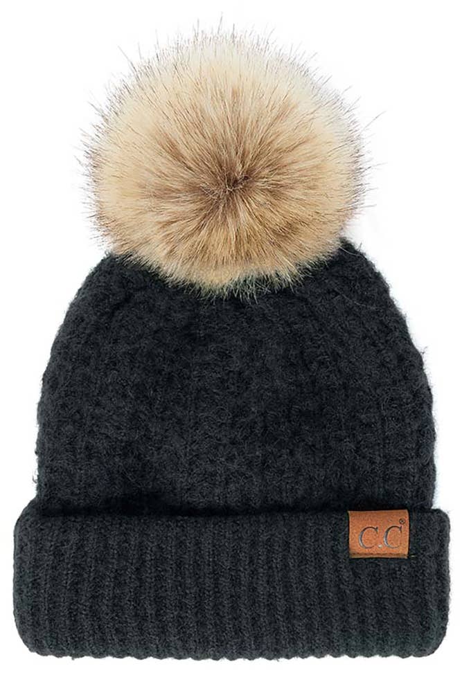 C.C Stitch Cuff Beanie with Pom Hat