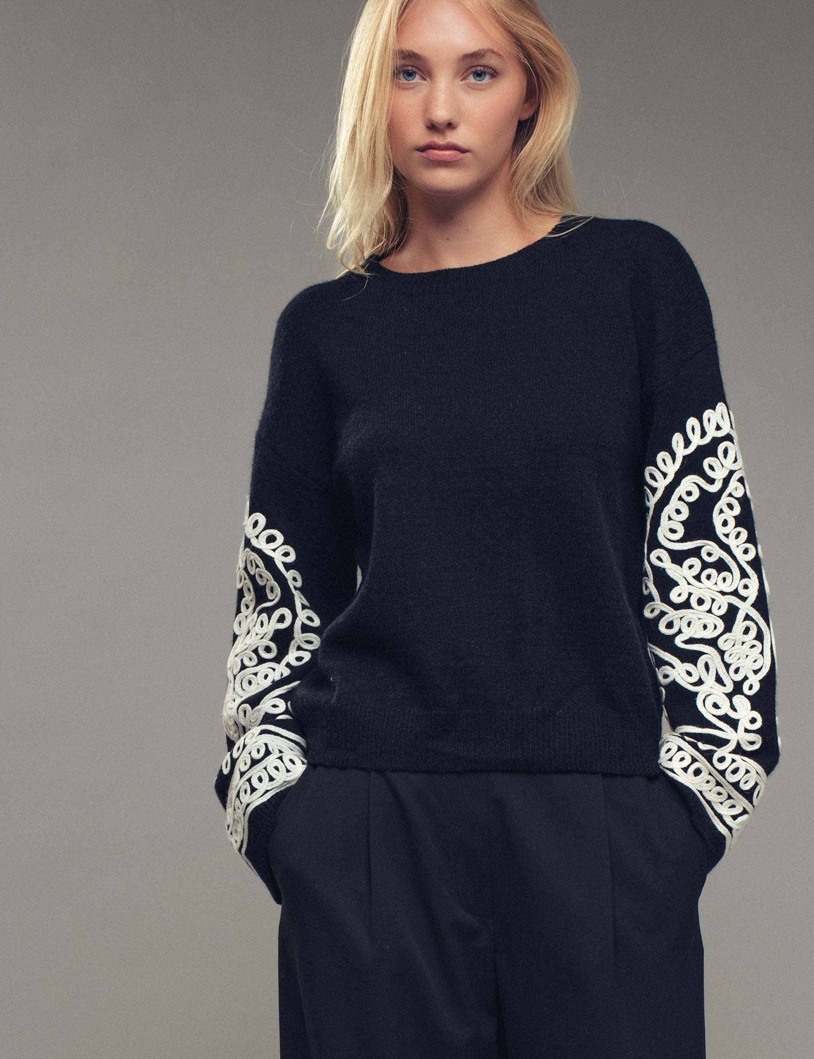 Embroidered Sleeve Ivory Knit Sweater