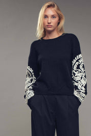 Embroidered Sleeve Ivory Knit Sweater