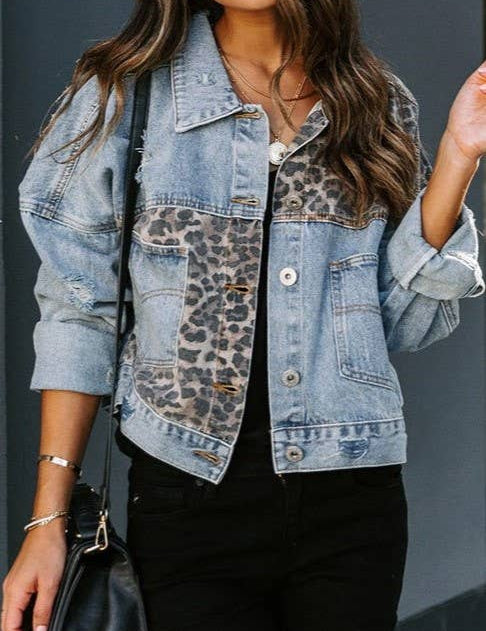 Leopard-Print Paneled Ripped Denim Jacket