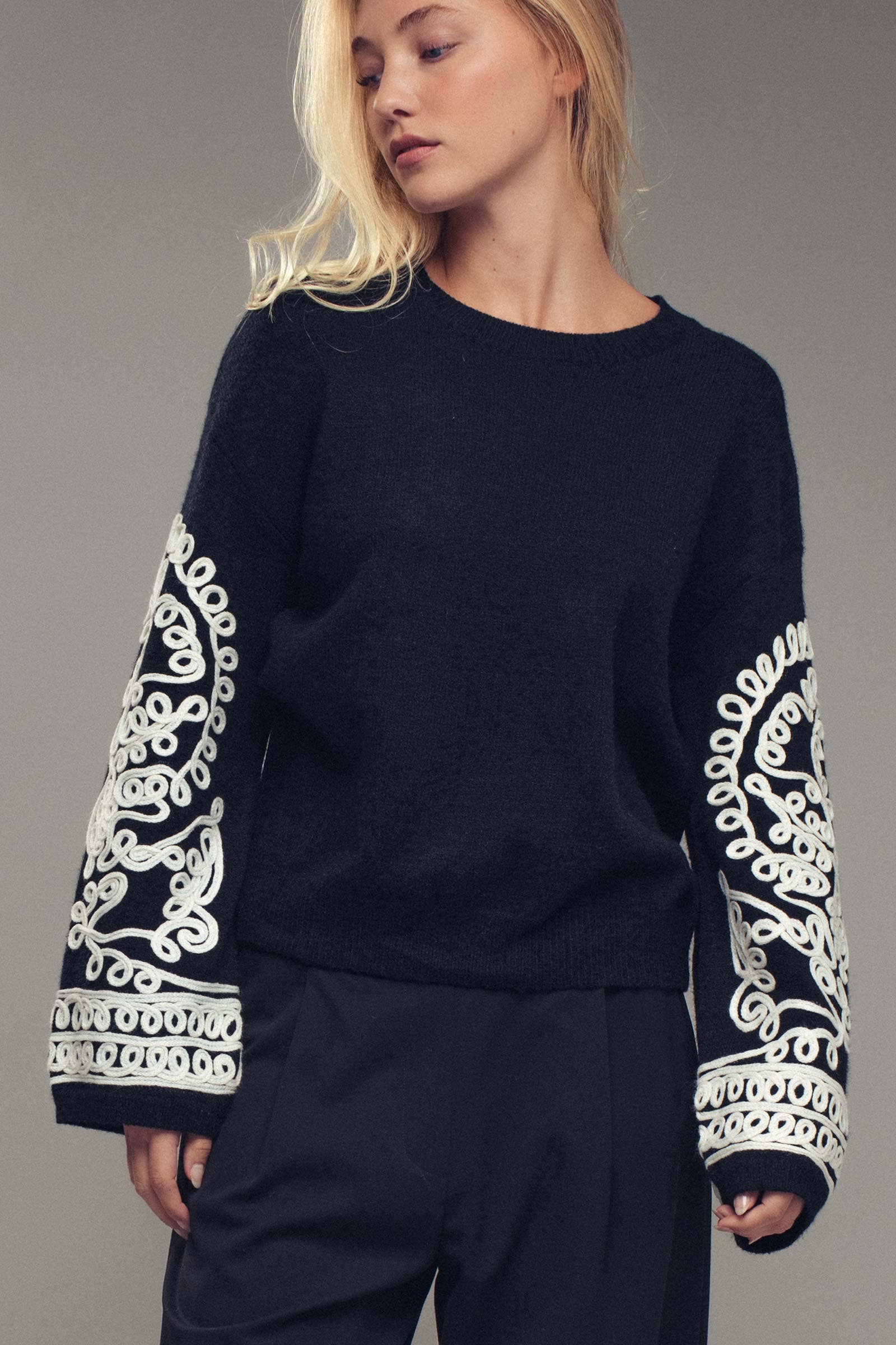 Embroidered Sleeve Ivory Knit Sweater