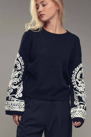 Embroidered Sleeve Ivory Knit Sweater