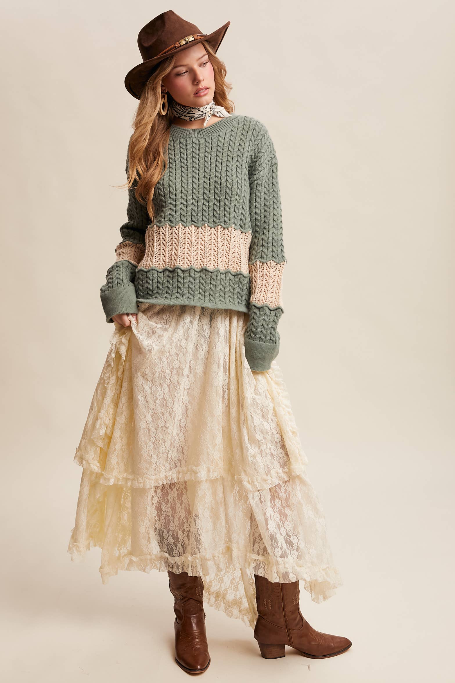 Colorblock Zig Cable Knit Sweater