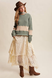 Colorblock Zig Cable Knit Sweater