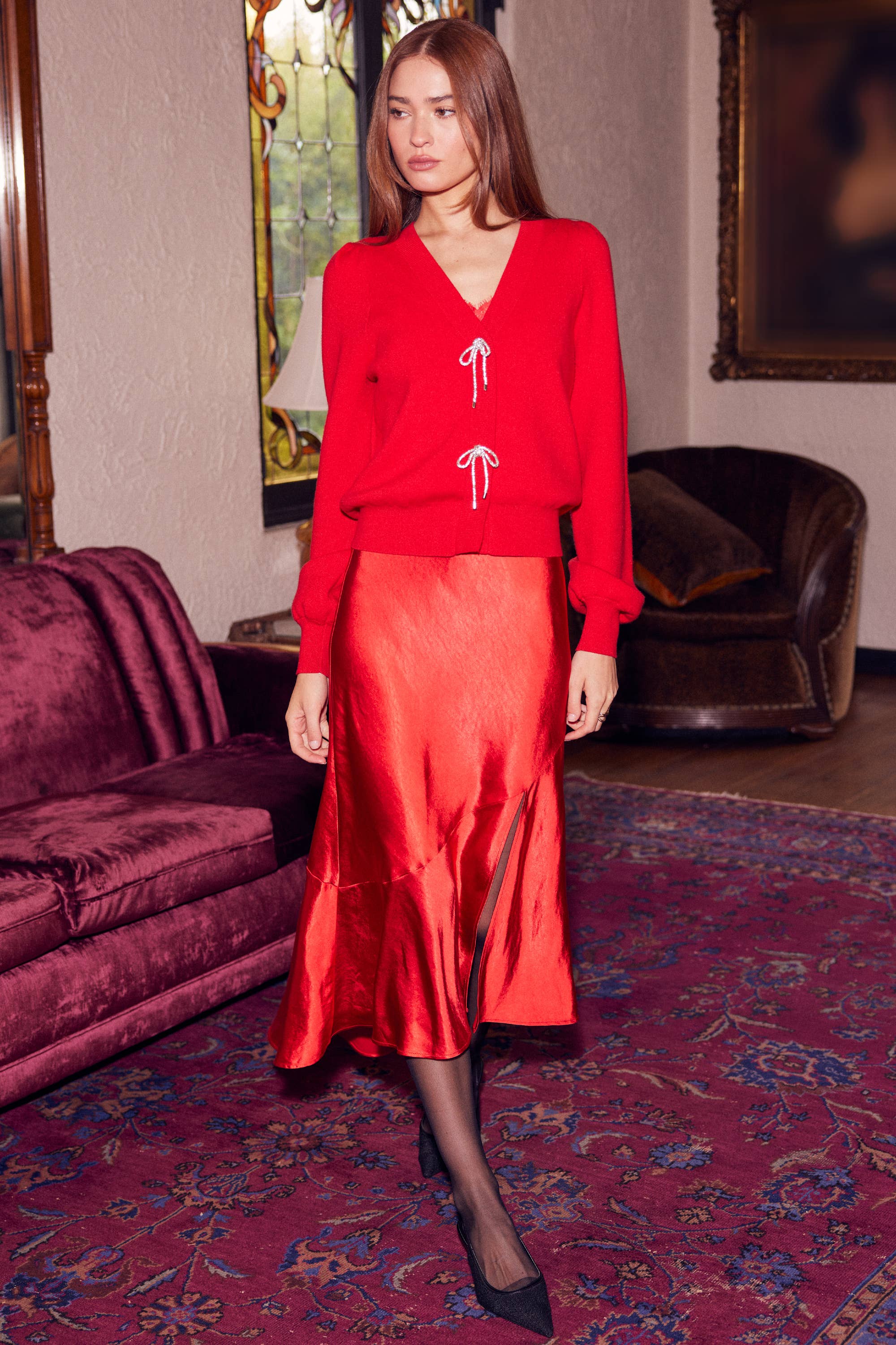 Bow Detail Puff Sleeve Cardigan