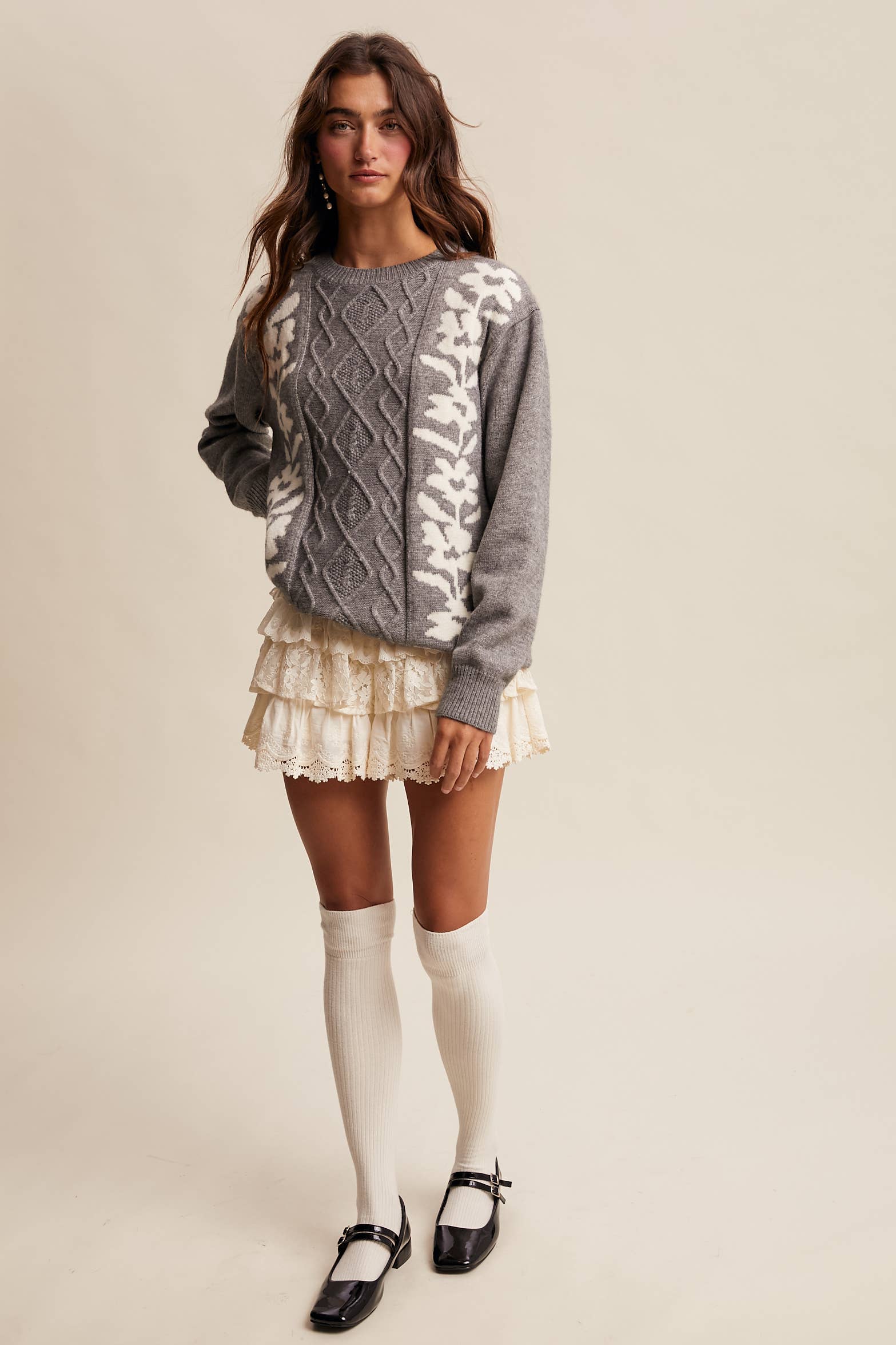 Floral Panel Cable Knit Sweater