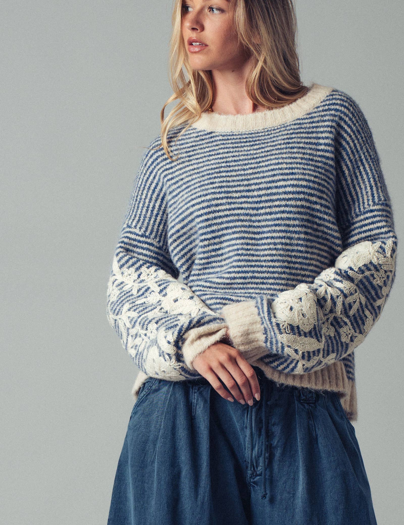 Floral Embroidered Striped Knit Sweater