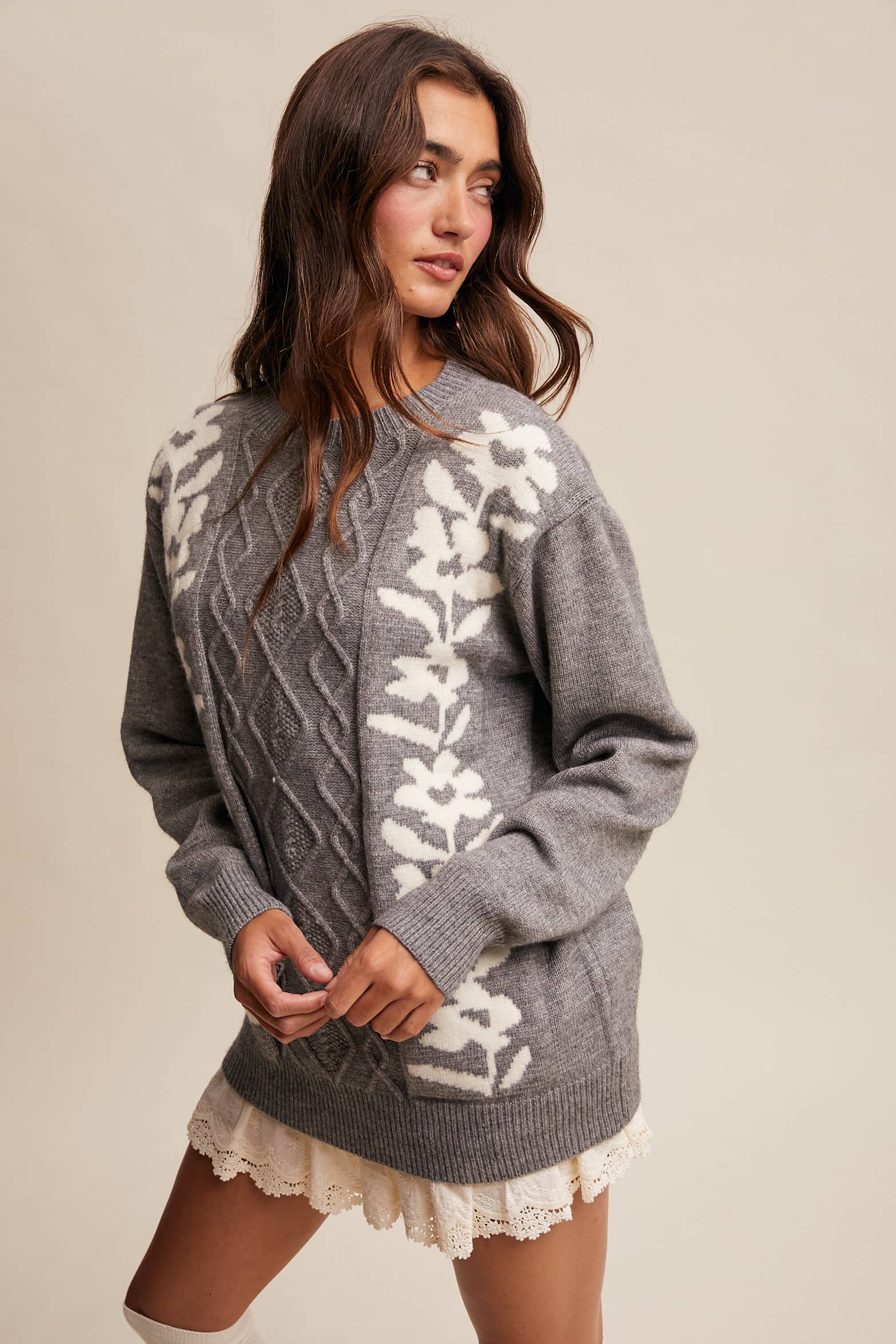 Floral Panel Cable Knit Sweater
