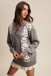 Floral Panel Cable Knit Sweater