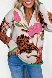 Floral Pattern Quarter Zip Sweater