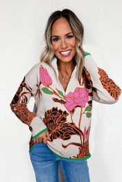 Floral Pattern Quarter Zip Sweater