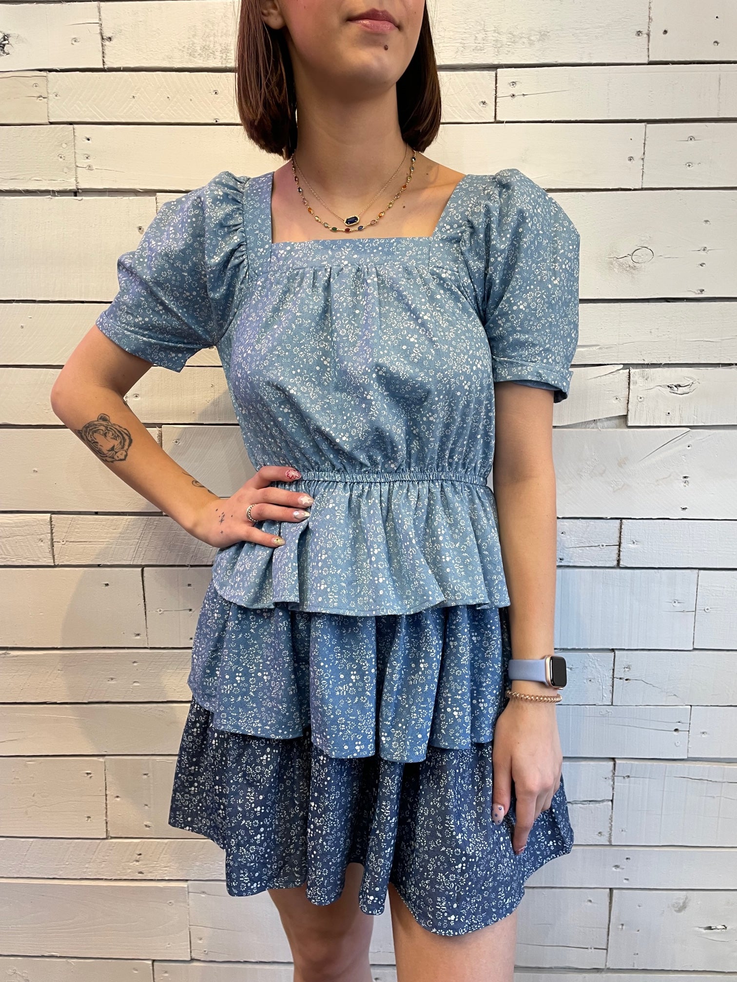 Floral Print Tiered Chambray Dress