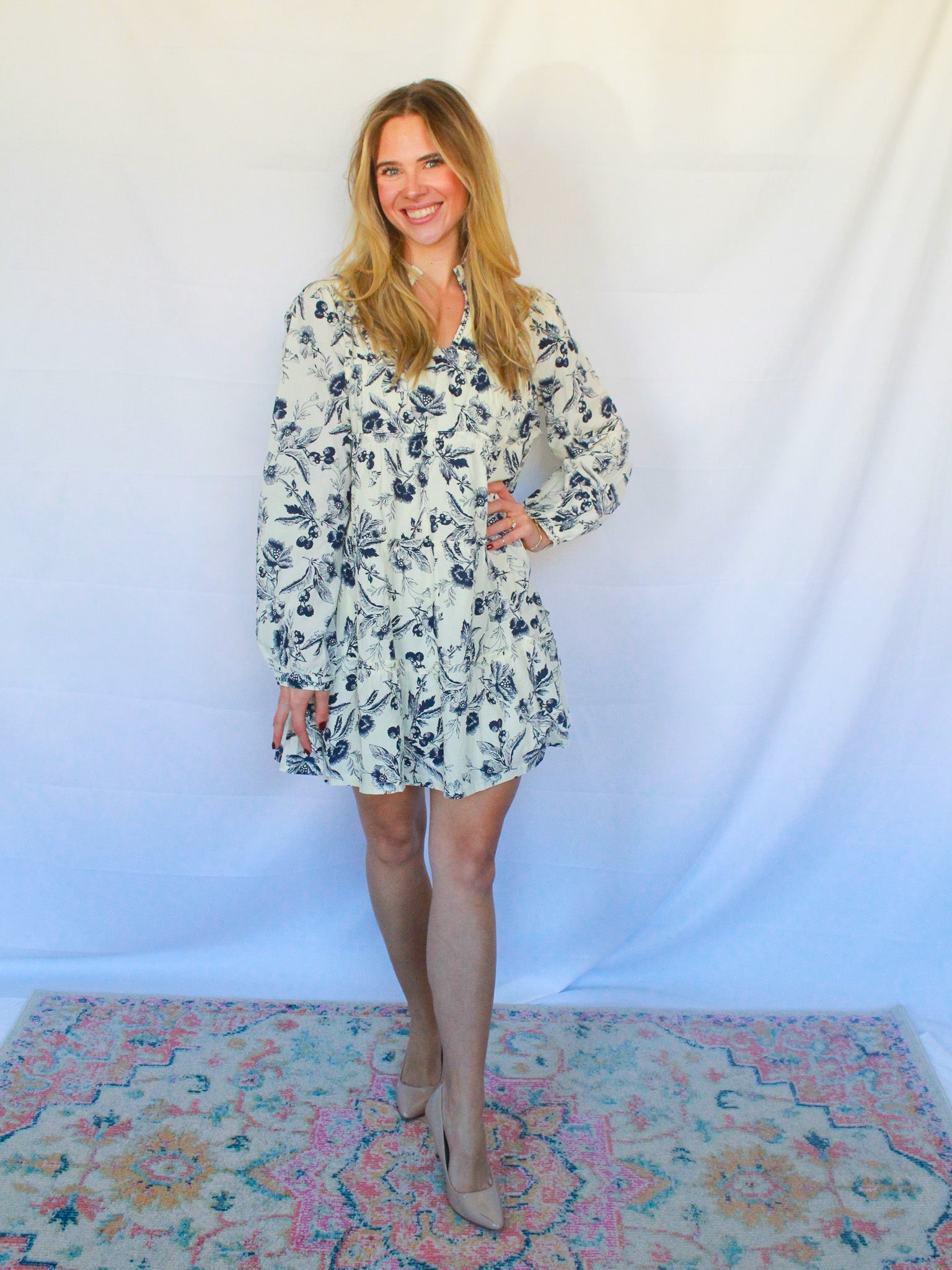 Fall Peasant Toile Print Mini Dress