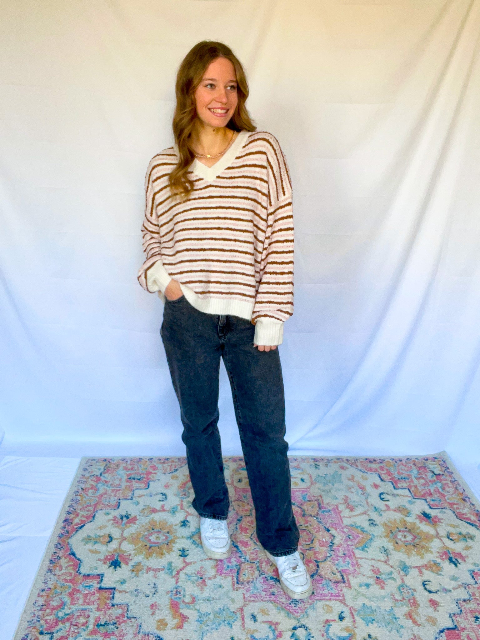 Textured Stripe V-Neck Sweater