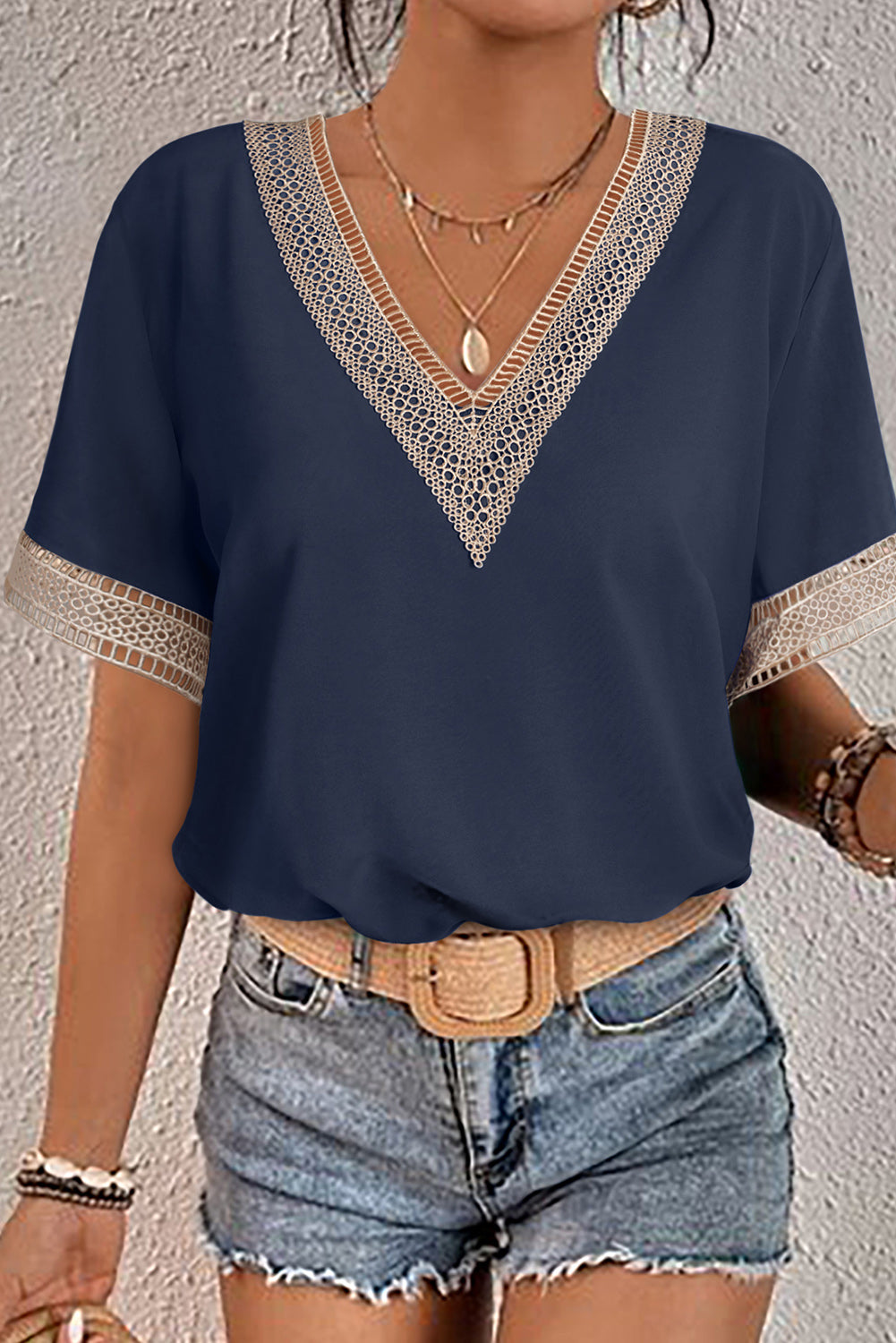 Lace Trim V-Neck Short Sleeve Blouse