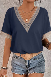 Lace Trim V-Neck Short Sleeve Blouse