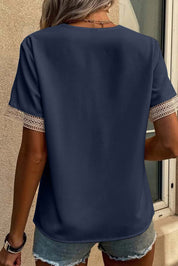 Lace Trim V-Neck Short Sleeve Blouse