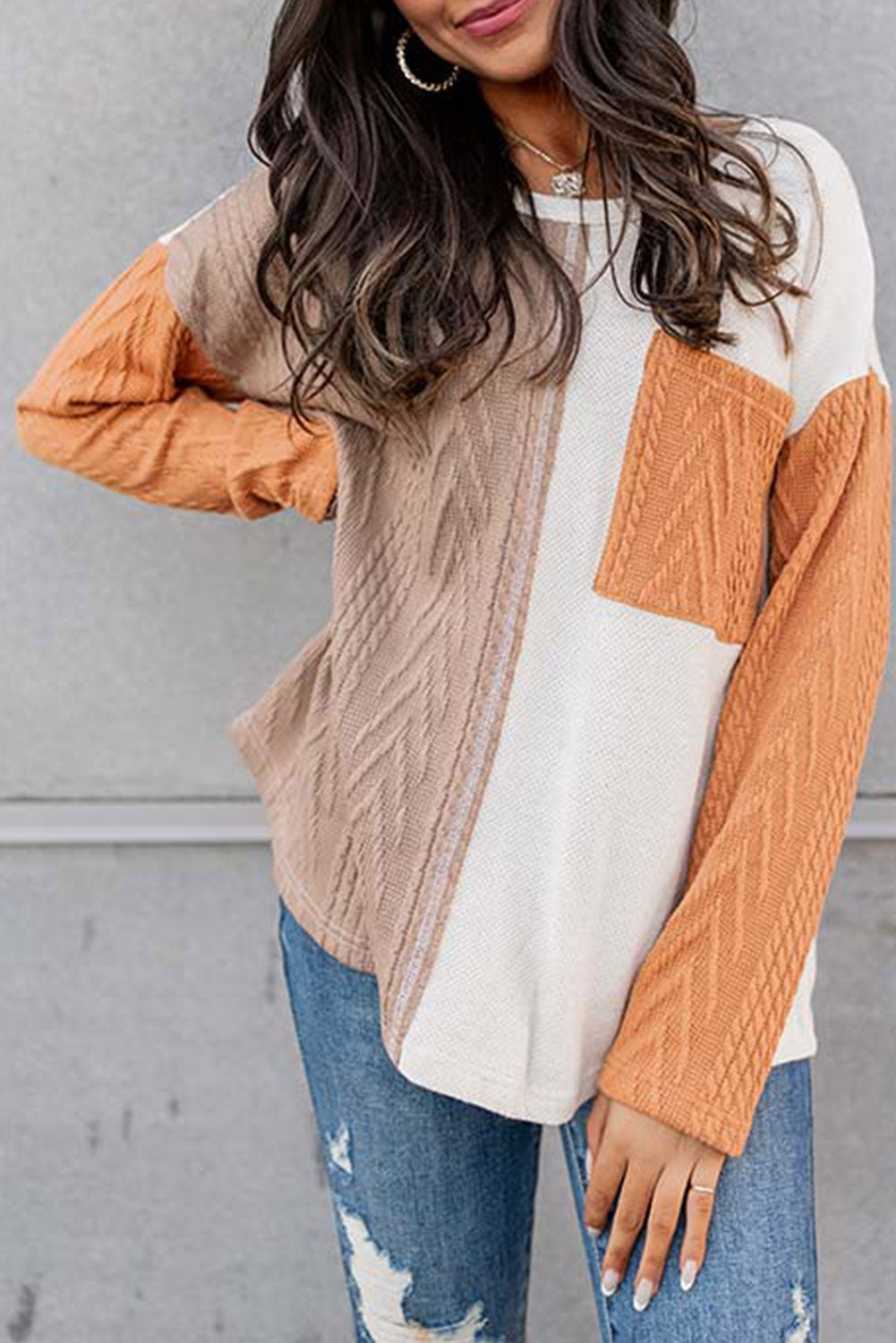 Long Sleeve Colorblock Pocket Textured Top