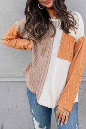 Long Sleeve Colorblock Pocket Textured Top