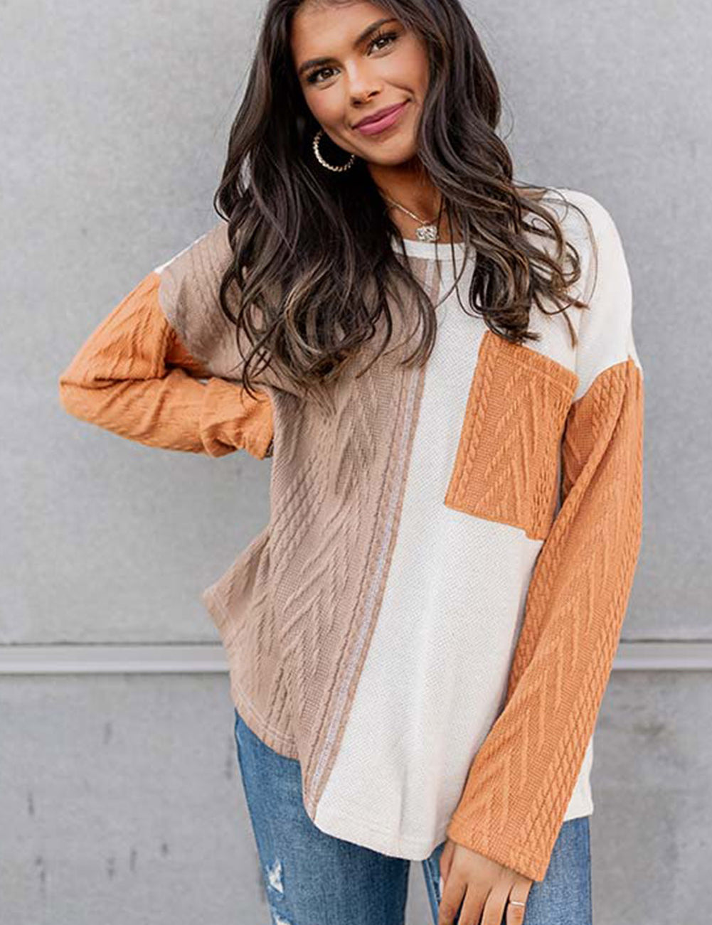 Long Sleeve Colorblock Pocket Textured Top