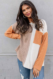 Long Sleeve Colorblock Pocket Textured Top