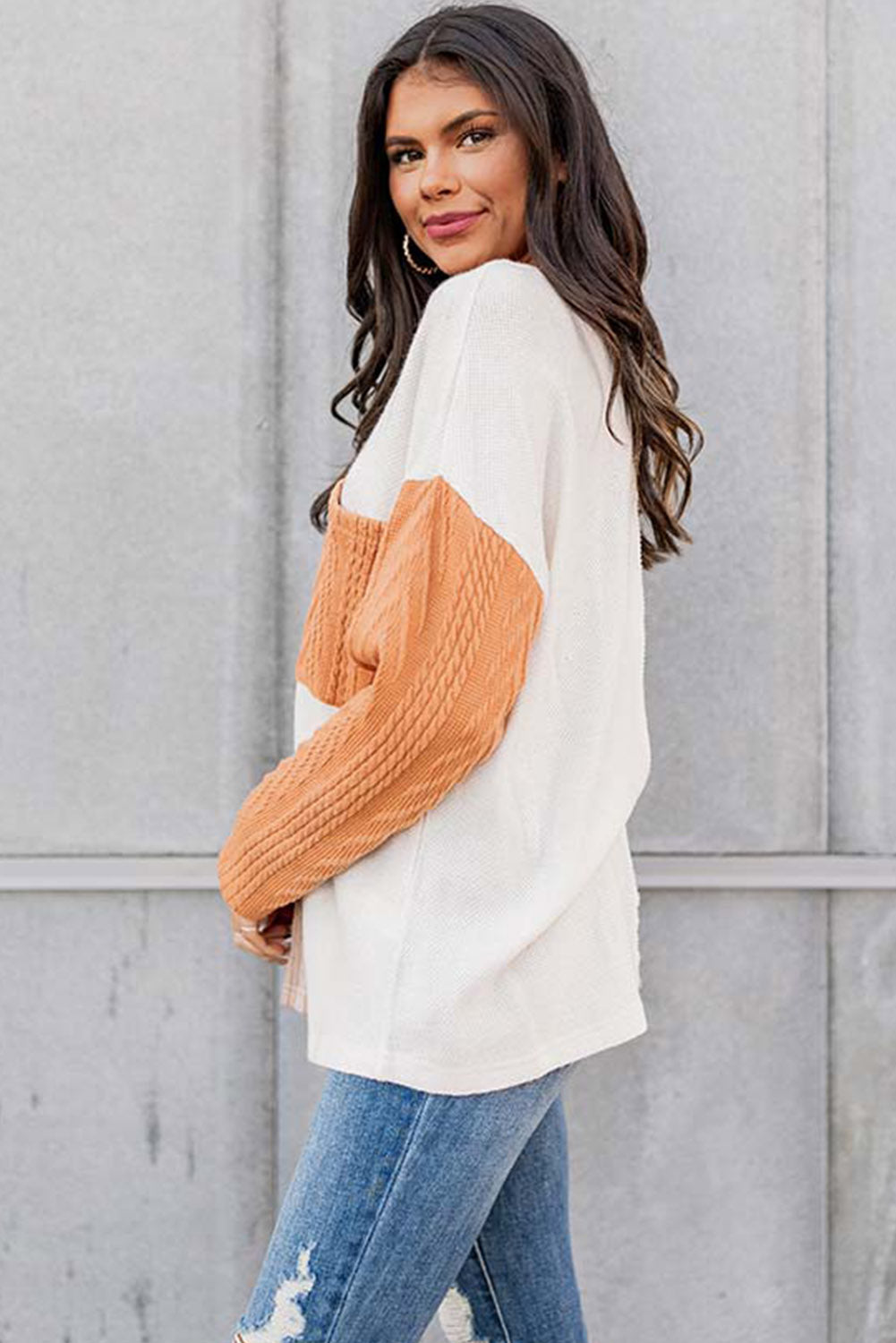 Long Sleeve Colorblock Pocket Textured Top